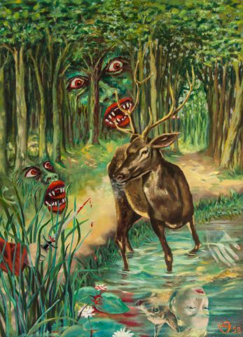 Cerf traqué dans un Sous-Bois (Manifeste contre la Chasse à courre) - Peinture - Daniel Blondeau